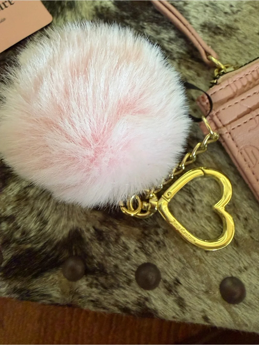 Juicy Couture Pink Card Holder with Fluffy Pom and Gold Hardware